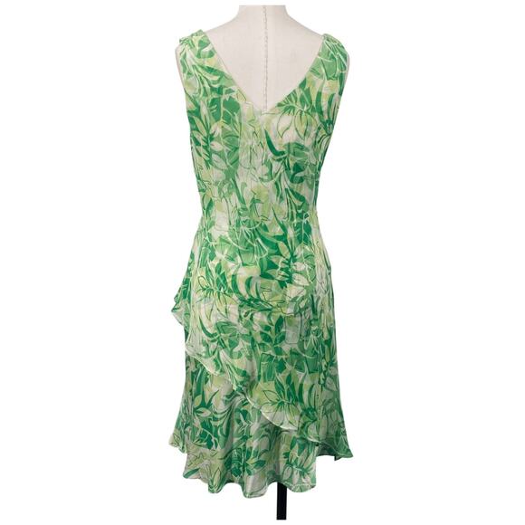 Vintage Y2k Silk Dress Floral Leaf Printed Faux Wrap Sleeveless Gathered Green - Picture 5 of 9